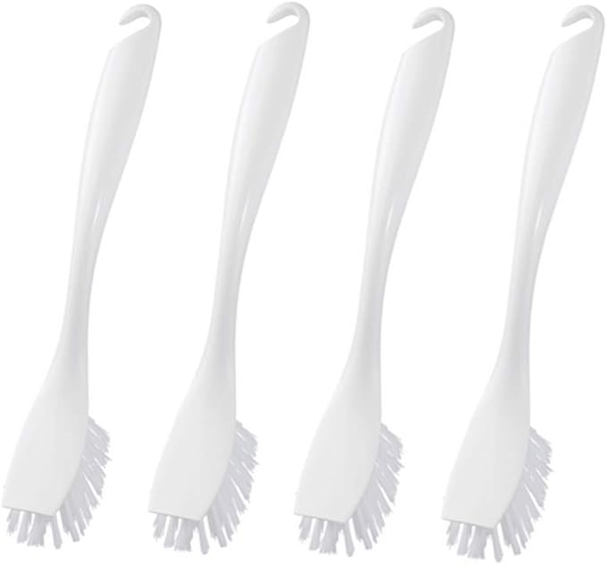 Dishwashing Brush with Hangable Long Handle, Built-in Scraper, Scrub Brush for Dish, Pans, Pots, Kitchen Sink Cleaning - 10 Inch, 4 Pack (White)