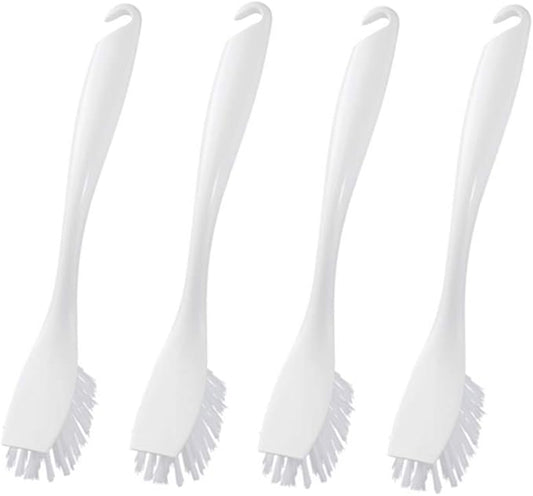 Dishwashing Brush with Hangable Long Handle, Built-in Scraper, Scrub Brush for Dish, Pans, Pots, Kitchen Sink Cleaning - 10 Inch, 4 Pack (White)
