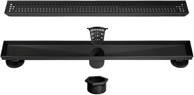 Neodrain 72-Inch Black Linear Shower Drain with Removable Quadrato Pattern Grate,Professional 304 Stainless Steel Rectangle Shower Floor Drain Manufacturer,Leveling Feet,Hair Strainer,Matte Black