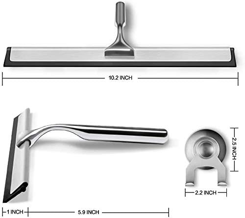 Shower Squeegee for Shower Doors, Window, Bathroom, Mirror and Car Glass, All-Purpose Cleaning Squeegee with Powerful Suction Cup Hooks Holder – Stainless Steel, 10 Inches. (Silver)