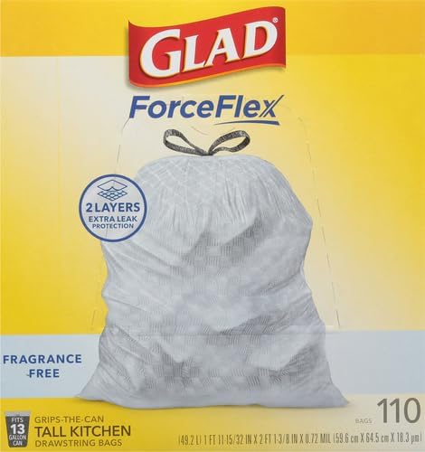 Glad ForceFlex Tall Kitchen Drawstring Trash Bags,13 Gal,Fragrance Free,110 Ct (Package May Vary),(Pack of 3)