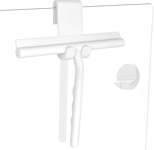 Shower Squeegee for Glass Doors, Full Silicone Jacketed Squeegee with Ergonomic Handle & No-Drill Hook, Cleaning Tool for Windows, Mirrors, Tiles, Bathroom & Car - White