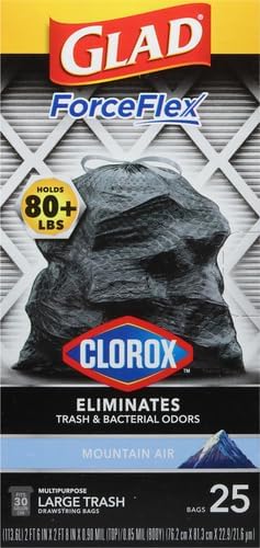 Glad Large 30 Gallon Trash Bags, Clorox Mountain Air Heavy Duty Garbage Bags, Forceflex with Drawstring, 25 Count (Packaging May Vary) (Pack of 6)
