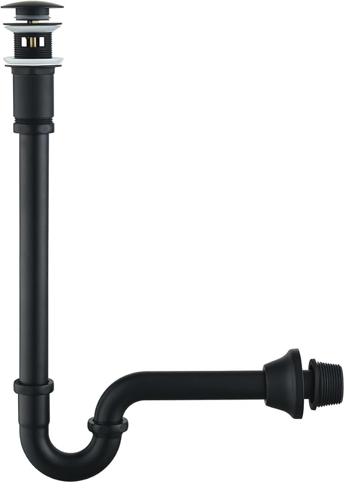 Brass P Trap with Pop Up Drain Stopper With Overflow,U-Shape 1 1/4 Slip Joint Extension Tub Sink Drain Pipe,12 inch Pipe length Adjustable Height Sink Waste Trap Drain Kit,Matte Black