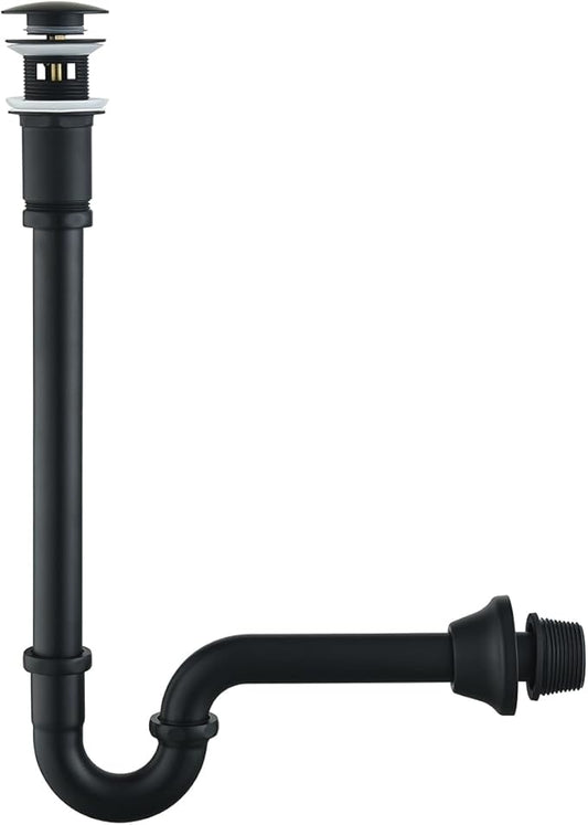 Brass P Trap with Pop Up Drain Stopper With Overflow,U-Shape 1 1/4 Slip Joint Extension Tub Sink Drain Pipe,12 inch Pipe length Adjustable Height Sink Waste Trap Drain Kit,Matte Black