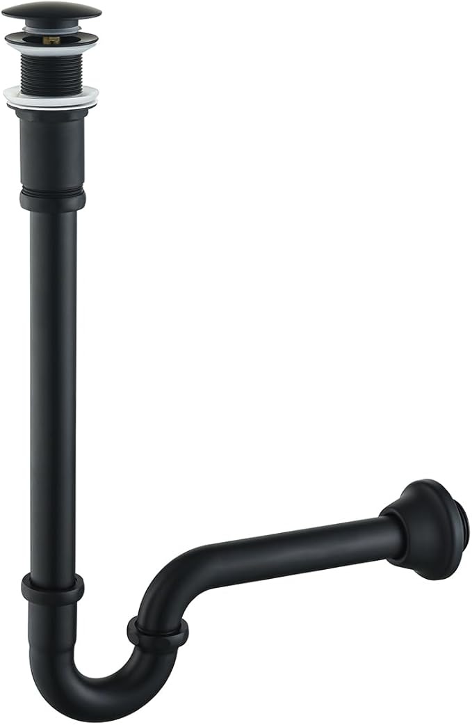 Brass P Trap with Pop Up Drain Stopper,U-Shape 1 1/4 Slip Joint Extension Tub Sink Drain Pipe,12 inch Pipe length Adjustable Height Sink Waste Trap Drain Kit,Matte Black(Without Overflow)