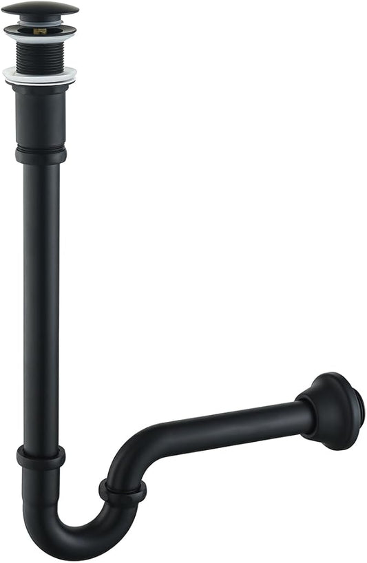 Brass P Trap with Pop Up Drain Stopper,U-Shape 1 1/4 Slip Joint Extension Tub Sink Drain Pipe,12 inch Pipe length Adjustable Height Sink Waste Trap Drain Kit,Matte Black(Without Overflow)