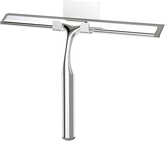 Shower Squeegee for Glass Doors, Stainless Steel Shower Squeegee for Bathroom, Window and Tiles, All-Purpose Squeegee with Adhesive Hook-10”, Chrome