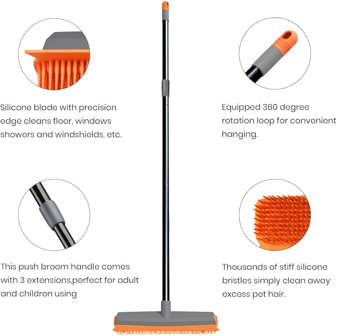 TreeLen Rubber Broom Carpet Rake Pet Hair Remover Broom with Squeegee Extension Push Broom for Carpet Hardwood Floor Tile Windows Cleaning
