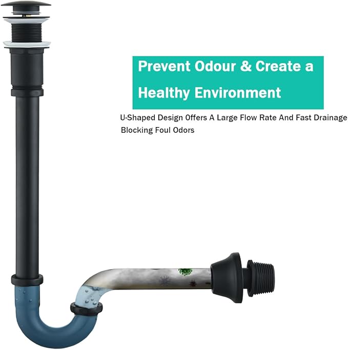 Brass P Trap with Pop Up Drain Stopper,U-Shape 1 1/4 Slip Joint Extension Tub Sink Drain Pipe,12 inch Pipe length Adjustable Height Sink Waste Trap Drain Kit,Matte Black(Without Overflow)
