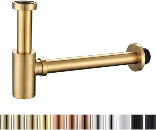 RANDOM Dark Gold Brass Contemporary Round Bottle P Trap 1 1/4,Basin Sink Waste Drain P Trap Kit Champagne Bronze.RD-83888-CB