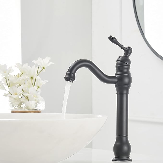 Black Vessel Sink Faucet Tall Farmhouse Single Hole Single Handle Vanity Lavatory Matte 360° Swivel for Bathroom with Pop Up Drain Without Overflow