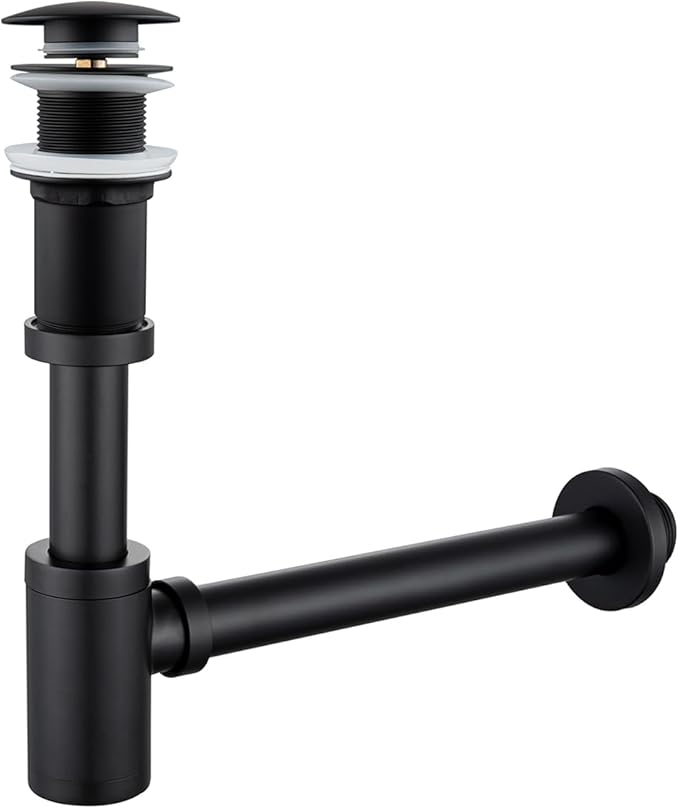 RANDOM Black Brass Bottle P Trap Contemporary Round Bottle P-Trap 1 1/4 with Pop Up Drain Without Overflow Matte Black 83888MBS.