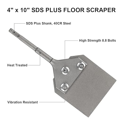 SDS Plus Floor Scraper 4" x 10", Thinset Removal Bit Tile Removal Chisel Tool with 2 Replacement Blades for Tile Floor Adhesives,Mortar,Laminate and Glue Removal