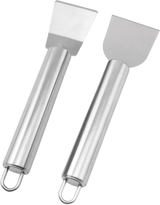 2PCS Stainless Steel Small Cleaning Spatula Multifunctional Kitchen Household Gadgets Refrigerator Defrosting Ice Scoop Round Handle Grease Spatula For Oven Stove Scraper