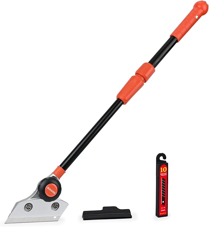 EHDIS Retractable Razor Blade Scraper Long Handle Heavy Duty Floor Scraper with Rotatable Head and 10pcs Replace Blades for Cleaning Glass, Tile, Floor, Wall,Door