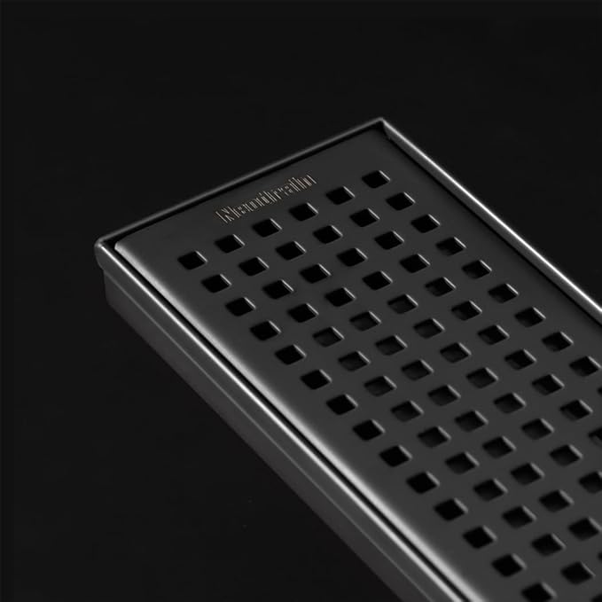 Neodrain 12-Inch Black Linear Shower Drain with Removable Quadrato Pattern Grate,Professional 304 Stainless Steel Rectangle Shower Floor Drains Manufacturer, Hair Strainer,Matte Black Linear Drain