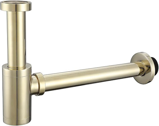 RANDOM Light Gold Polished Brass Contemporary Round Bottle P Trap 1 1/4,Basin Sink Waste Drain P Trap Kit.