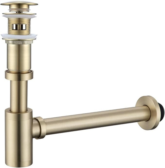 RANDOM Brushed Gold Brass Bottle P Trap Kit Contemporary Round Bottle P-Trap 1 1/4 with Pop Up Drain With Overflow.83888BG-S6