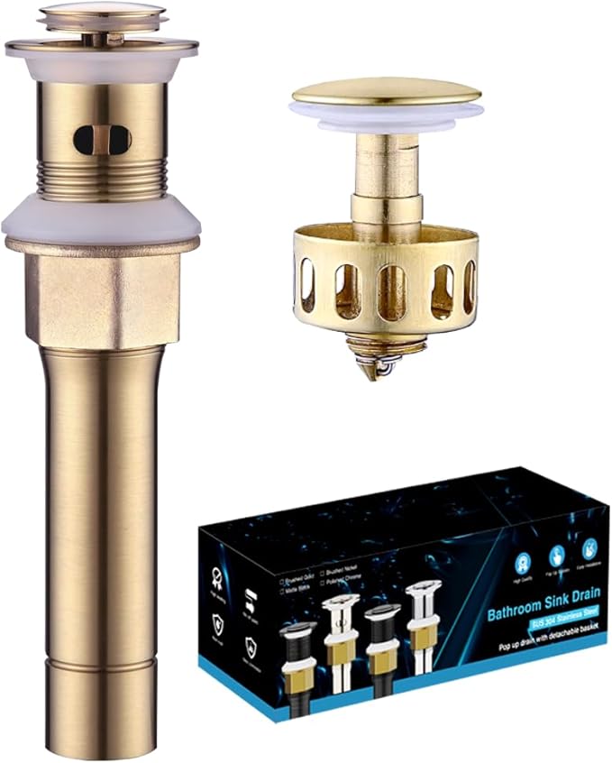 Bathroom Sink Drain with Overflow, Brushed Gold Sink Drain for Bathroom Sink, Universal Stainless Steel Gold Sink Drain, Pop Up Drain Stopper with Detachable Basket