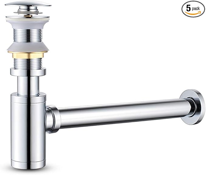 MENATT Round P-Trap Waste Pipe Kit Assembly, Bottle Trap Deodorant Type with 1 1/4" Pop-up Drain Stopper without overflow, Bathroom Sink Siphon Drainer Plumbing Tube Chrome Finished