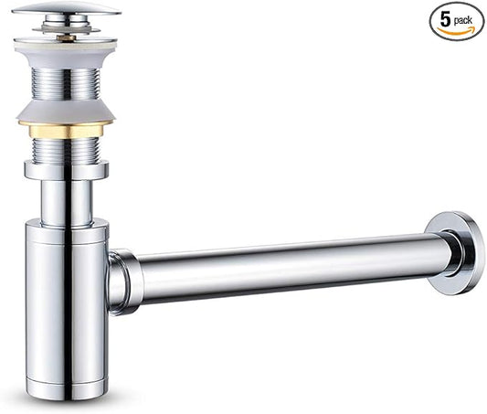MENATT Round P-Trap Waste Pipe Kit Assembly, Bottle Trap Deodorant Type with 1 1/4" Pop-up Drain Stopper without overflow, Bathroom Sink Siphon Drainer Plumbing Tube Chrome Finished