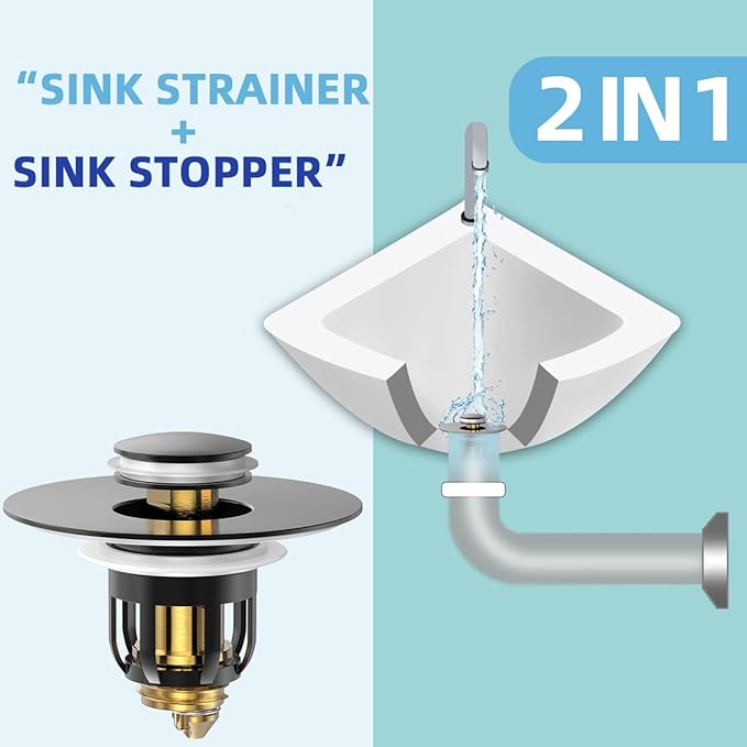 Universal Bathroom Sink Stopper, Pop Up Sink Stopper with Basket Hair Catcher, Anti Clogging Sink Drain Filter for 1.06"-1.65" Drain Holes