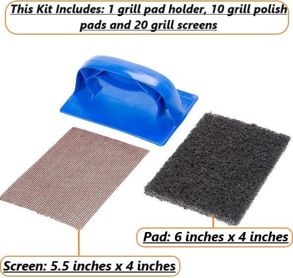 (Set of 32) Heavy Duty Grill Scraper and Pad Holder Set – Flat Top Griddle Cleaning Kit with Scraper Tool, 10 Grill Cleaning Pads, 20 Grill Screens – Commercial Kitchen Griddle Cleaner for Restaurants