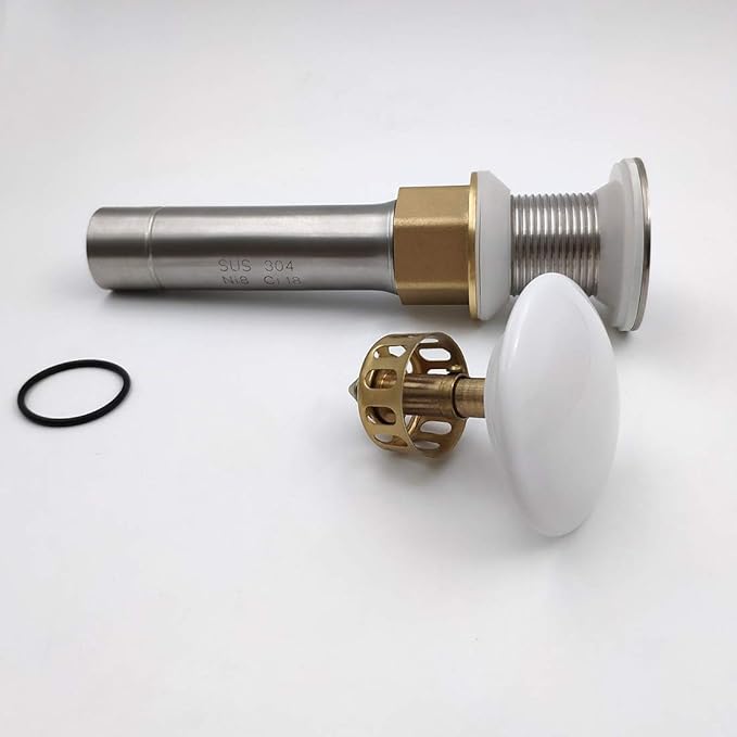 Vessel Sink Drain Without Overflow, White Pop-Up Drain with Basket Stopper, Bathroom Vanity Ceramic Brass Strainer Hair Catcher, Anti-Clogging Brushed Nickel, Porcelain Cap