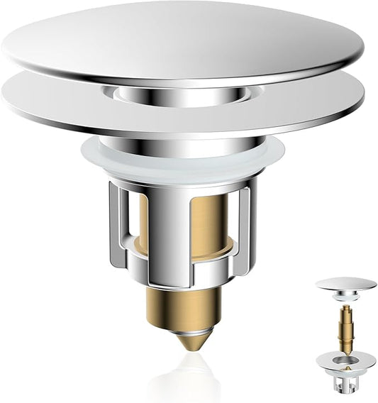 Universal Bathroom Sink Stopper, Metal Pop Up Sink Drain Strainer with Detachable Hair Catcher, Fits 1.1"-2.36" US Basin, Wash Basin Drain Plug with Big/Small Cover Cap, Brass Bounce Core, Chrome