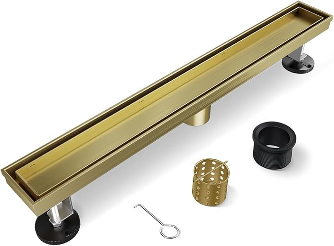 Linear Shower Drain, 48 Inch Gold Shower Drain with Removable Tile Insert Grate, 2 in 1 Bathroom Modern 304 Stainless Steel Brushed Gold Shower Floor Drain with Adjustable Feet,Hair Filter