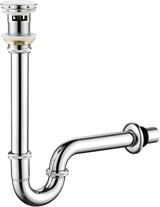 Thickened Brass P Trap Set: 1-1/4 P Trap with Bathroom Sink Stopper - Sink Drain Plumbing Kit for Pipe Replacement (Chrome, with Overflow)