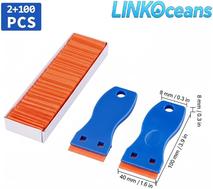 2PCS Plastic Razor Blade Scrapers with 100 Blades – LINKOceans Safe Adhesive Remover for Stickers, Decals, Labels, Caulk & Gaskets on 3D printer beds,Glass,car or Windows Non Scratch Cleaning Tool