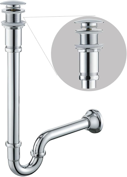 Brass P Trap with Pop Up Drain Stopper,U-Shape 1 1/4 Slip Joint Extension Tub Sink Drain Pipe,12 inch Pipe length Adjustable Height Sink Waste Trap Drain Kit,Chrome(Without Overflow)