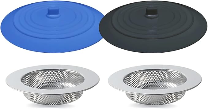 4PCS Kitchen Sink Strainer Stopper Kit, Universal Silicone Sink Drain Plug Cover, Drain Water Stopper, 4.5 Inch Stainless Steel Sink Drain Strainer, Food Debris Catcher for Kitchen