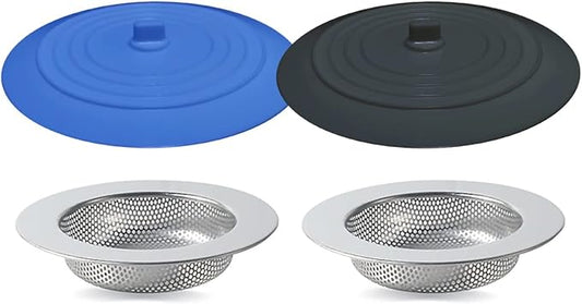 4PCS Kitchen Sink Strainer Stopper Kit, Universal Silicone Sink Drain Plug Cover, Drain Water Stopper, 4.5 Inch Stainless Steel Sink Drain Strainer, Food Debris Catcher for Kitchen