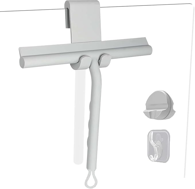 Squeegee for Shower Glass Doors, Resilient Loop - No-Drill & Adhesive Hook, Silicone Shower Squeegee with Stainless Steel Core, Cleaning Tool for Home, Kitchen, Bathroom & Car - Grey