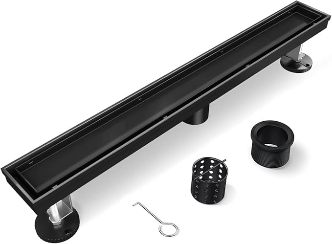 Linear Shower Drain, 54 Inch Black Shower Drain with Removable Tile Insert Grate, 2 in 1 Bathroom Modern 304 Stainless Steel Matte Black Shower Floor Drain with Adjustable Feet,Hair Filter