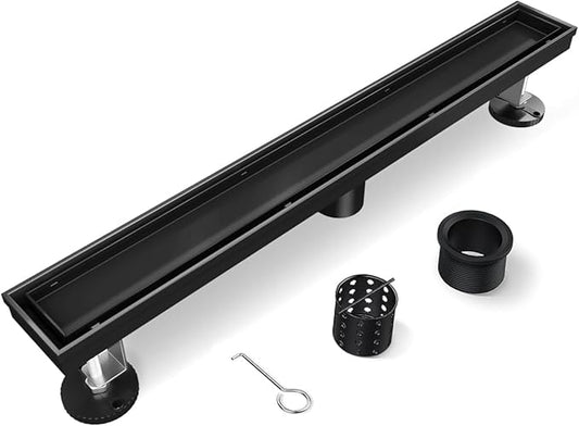 Linear Shower Drain, 54 Inch Black Shower Drain with Removable Tile Insert Grate, 2 in 1 Bathroom Modern 304 Stainless Steel Matte Black Shower Floor Drain with Adjustable Feet,Hair Filter