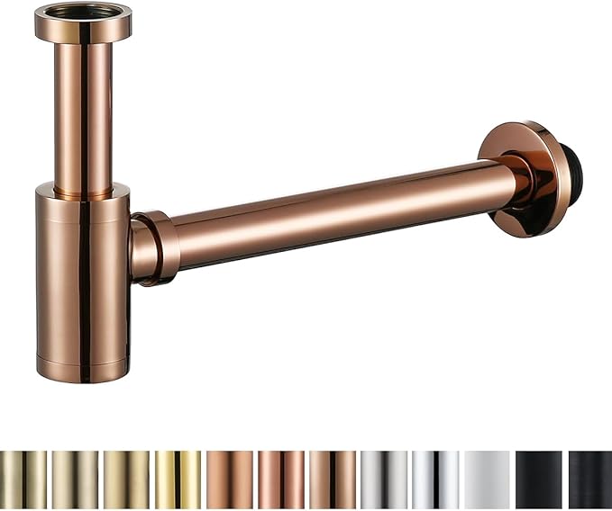 RANDOM Brass Contemporary Round Bottle P Trap 1-1/4,Bathroom Lavatory Adjustable Basin Sink Waste Drain P-Trap Kit Rose Gold Sink Trap.83888RG