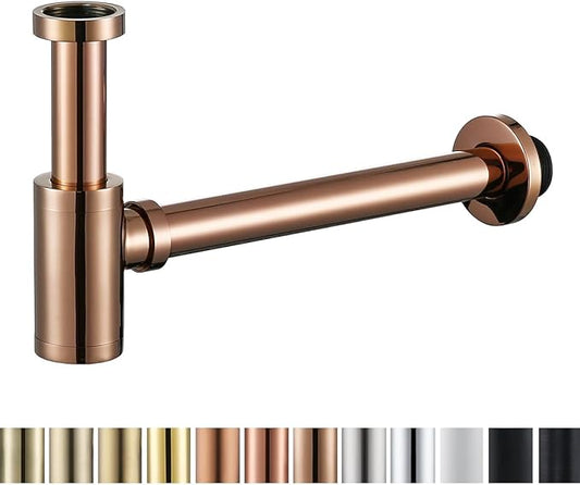 RANDOM Brass Contemporary Round Bottle P Trap 1-1/4,Bathroom Lavatory Adjustable Basin Sink Waste Drain P-Trap Kit Rose Gold Sink Trap.83888RG