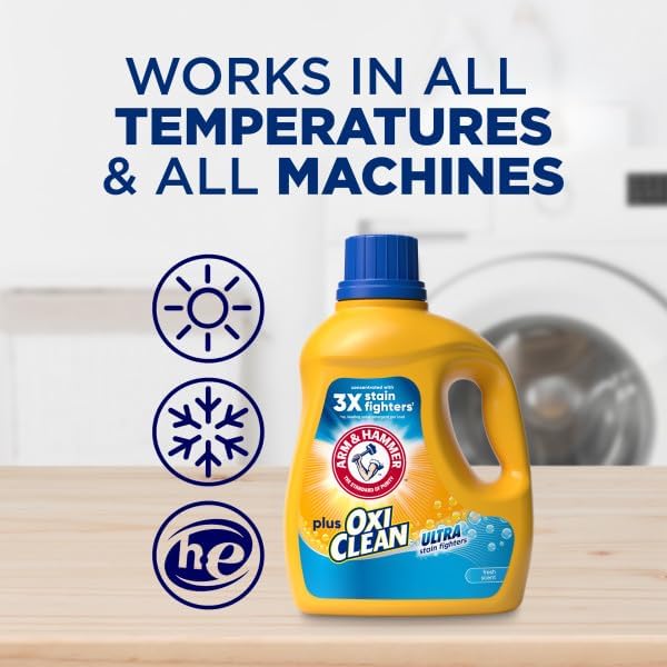 ARM & HAMMER Plus OxiClean Ultra Stain Fighters Liquid Laundry Detergent, Stain Remover for Clothes, Fresh Scent, 74 Loads, 96.2 Fl Oz