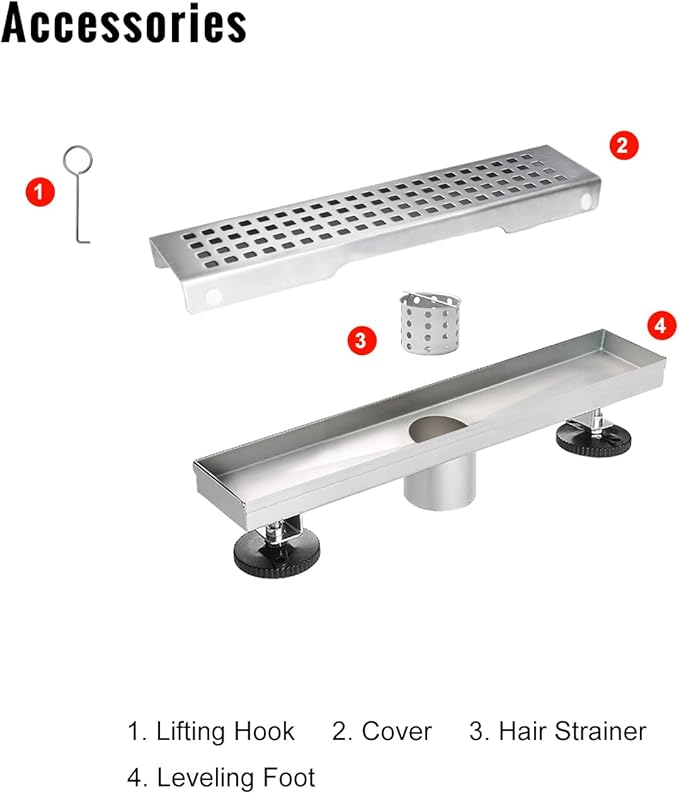 SaniteModar Shower Drain, 12 inch Linear Shower Drain with Removable Square Hole Panel, AISI 304 Stainless Steel Brushed Shower Floor Linear Drain with Adjustable Feet and Hair Strainer