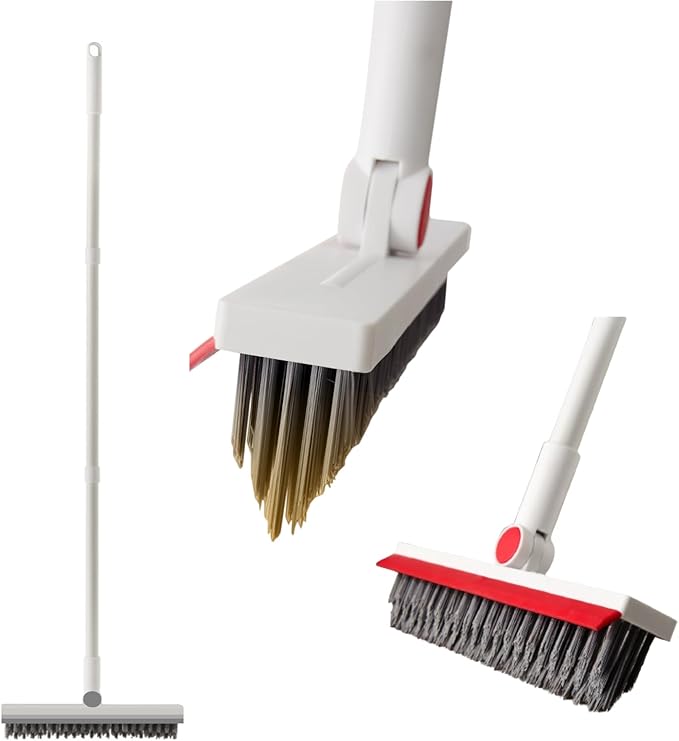 Floor Brush Scrubber with Long Handle Grout Brush Tile Floor Scrub Brush with Squeegee Heavy Duty Deck Brush Stain 180℃ Rotating Crevice Cleaning Brush Stiff Bristle Broom for Bathroom Wall
