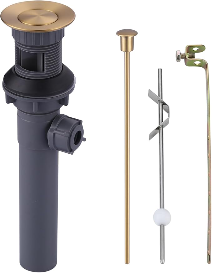 Bathroom Sink Drain with Lift Rod，WOWOW Gold Bathroom Drain Assembly Stopper with Lift Rod for Bathroom Faucet Vanity Sink Stopper Assembly with Lift Rod and Overflow Drain Stopper for Vessel Sink