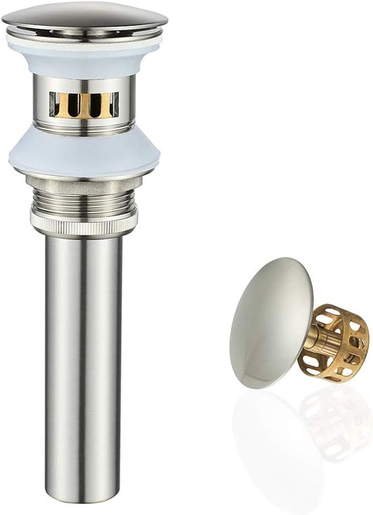 Bathroom Sink Drain with Strainer Basket Hair Catcher Anti-Explosion Anti Clog Pop Up Drain Stopper Vanity Vessel Sink with Overflow, Brushed Nickel