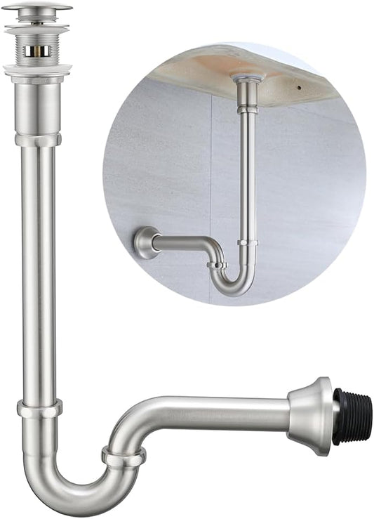 Brass P Trap with Pop Up Drain Stopper With Overflow,U-Shape 1 1/4 Slip Joint Extension Tub Sink Drain Pipe,12 inch Pipe length Adjustable Height Sink Waste Trap Drain Kit,Brushed Nickel
