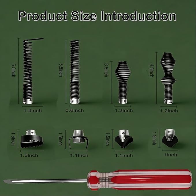 10PCS Drain Snake Drill Attachment Kit - Auger Cutter Set for RIDGID K-400, C-4/C-6/C-7/C-8/C-9, 4 Cutters + 5 Spirals Heads & Tips Accessories for 5/8 Inch Drain Cleaning Cables