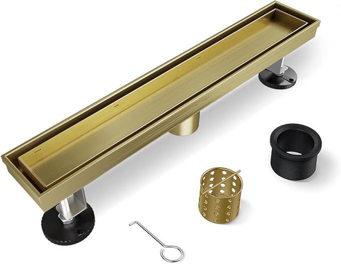 Shower Drain, 12 Inch Gold Linear Shower Drain with Removable Tile Insert Grate, 2 in 1 Bathroom Modern 304 Stainless Steel Brushed Gold Shower Floor Drain with Adjustable Feet,Hair Filter