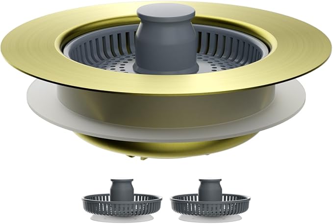 Hibbent Upgraded 3 in 1 Kitchen Sink Drain Strainer and Stopper Combo, Stainless Steel Metal Pop Up Sink Stopper, 3 Anti-Clogging Basket Strainers for US Standard 3-1/2 Inch Drain, Brushed Gold